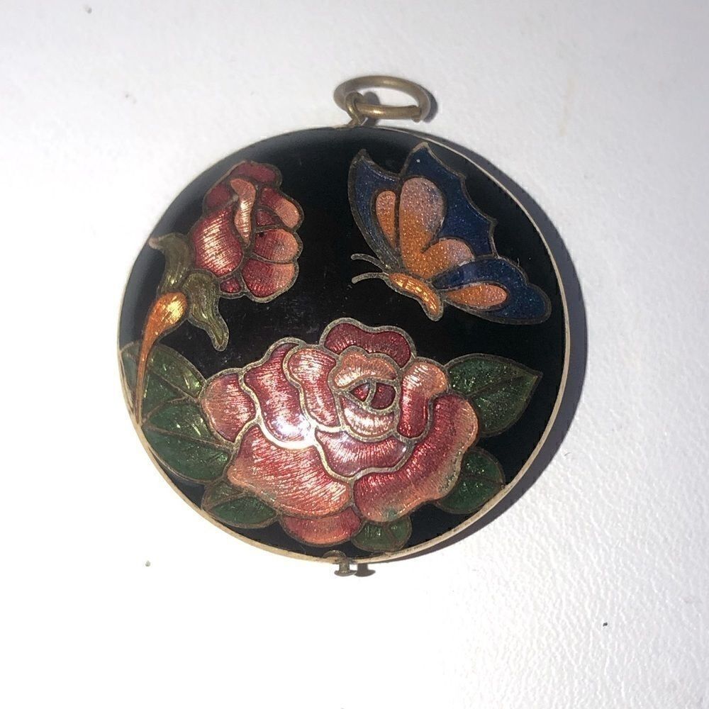 Vintage Cloisonné double sided flower  butterfly pendant charm gold-tone